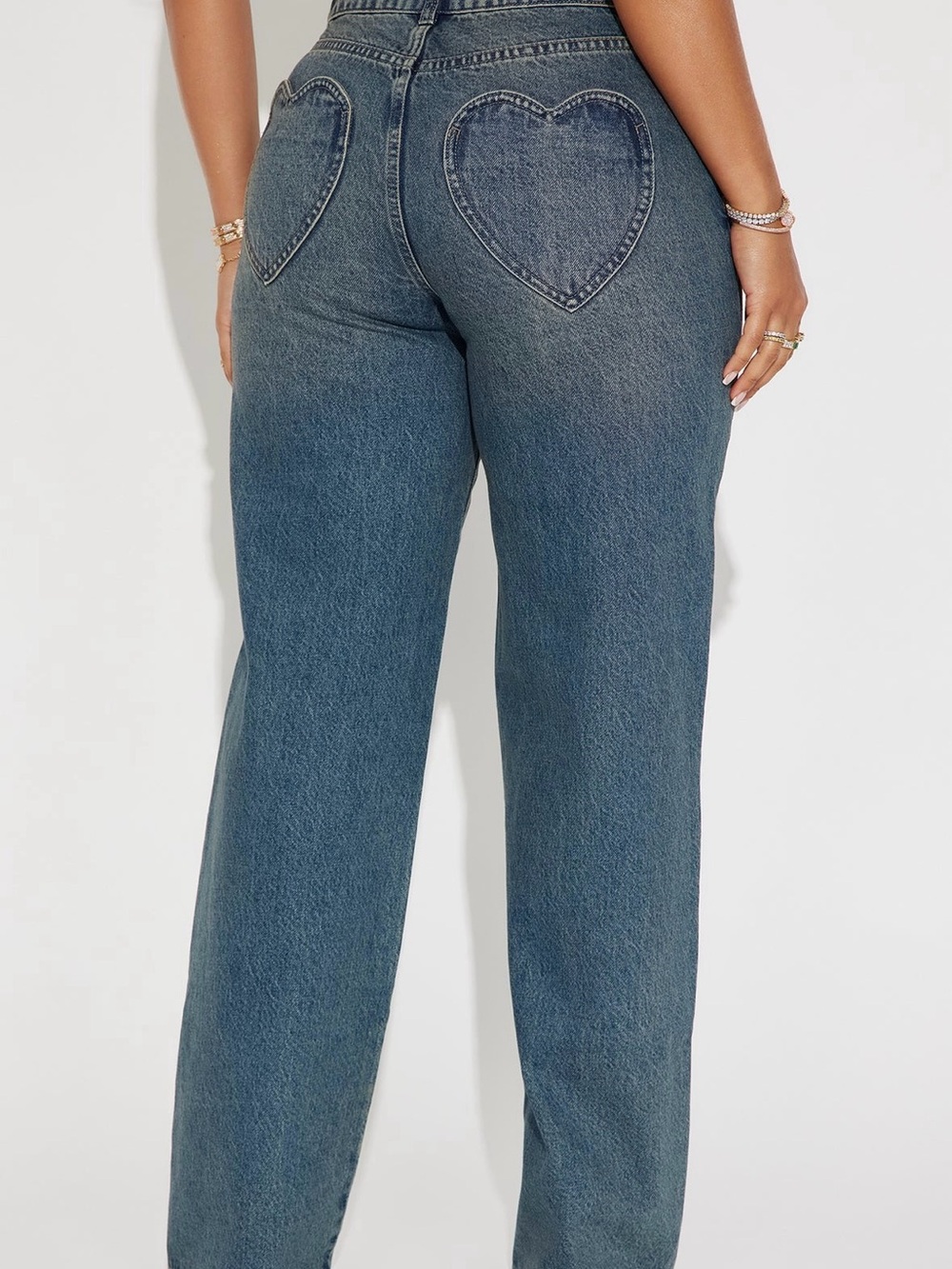 High-Rise Straight Leg Jeans with Heart Back Pockets - Blue